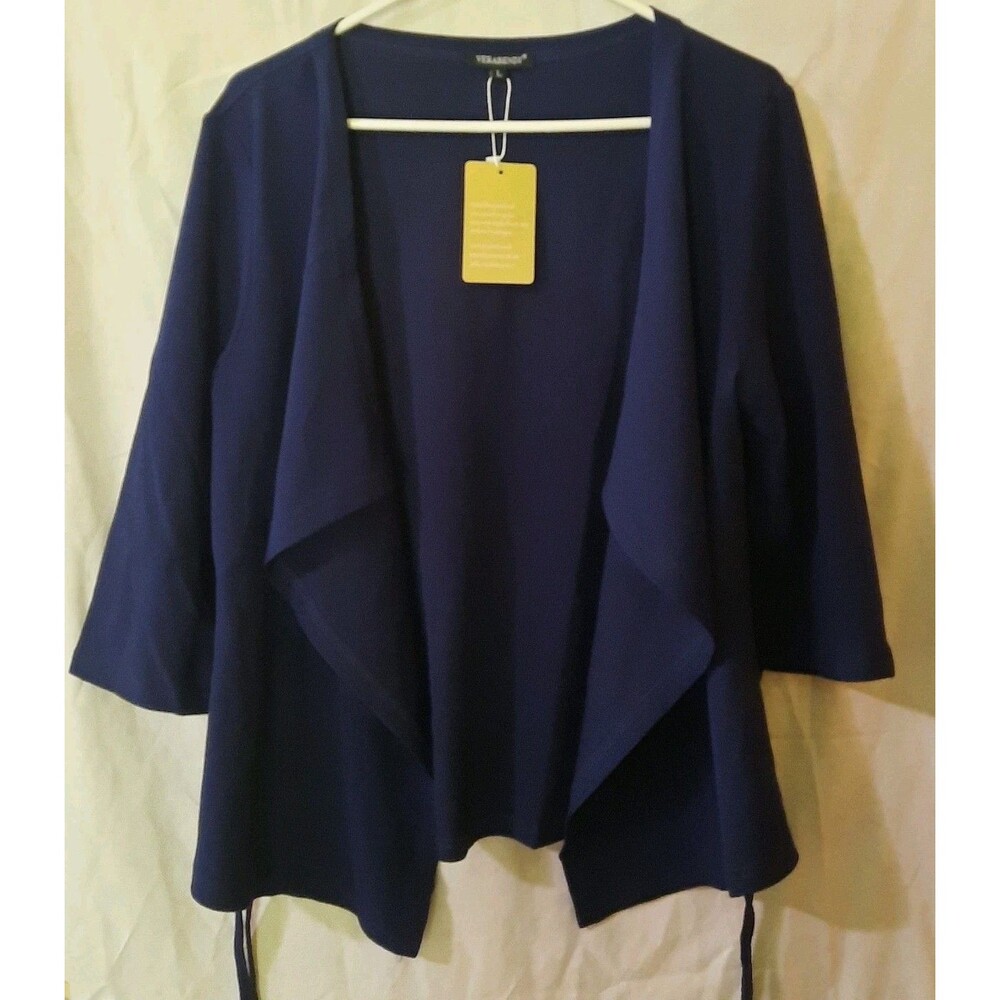 Verabendi Open Cardigan Tie Tighten Arm 3/4 Sleeves Blue Women's Size L NWT